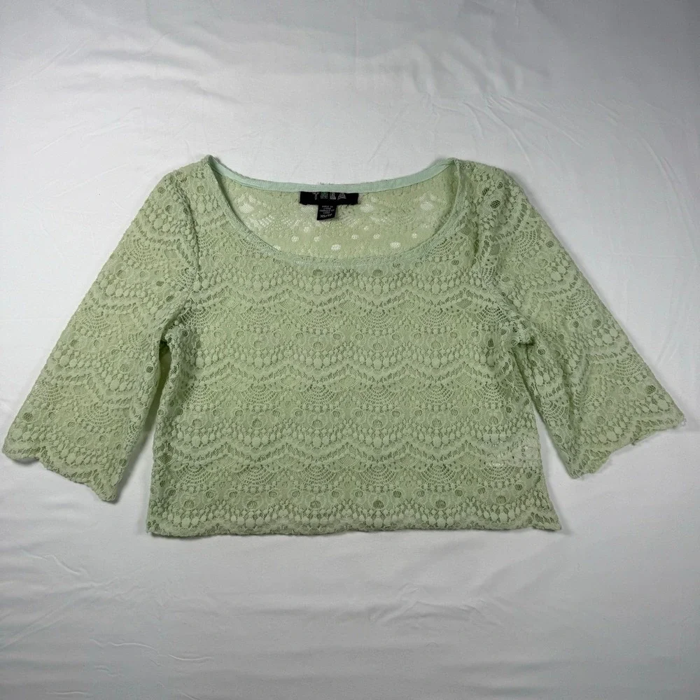 Tela Lace Green Top XS 3/4 Sleeve Cropped Elegant Sheer‎ Layering Blouse